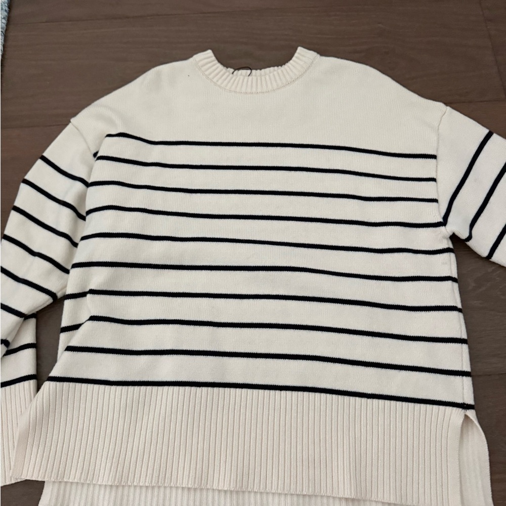 Zara Black and White Striped Crew Neck Sweater